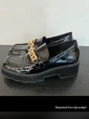 Aqua Black Patent Loafers with Gold Chain Trim